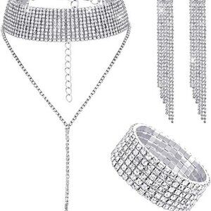 Women Rhinestone Jewelry Set Necklace Bracelet Earrings Wedding Party